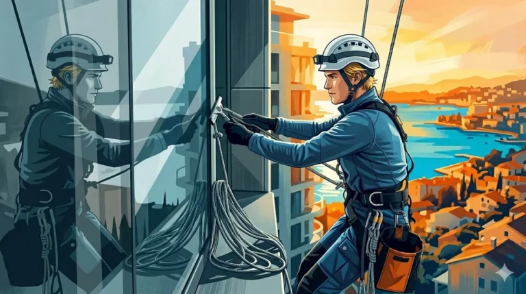 Illustration générée par IA montrant un cordiste sur façade vitrée en hauteur, avec vue urbaine en bord de mer.