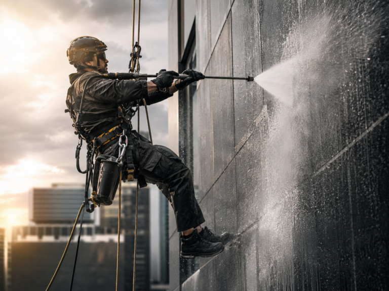 Cordiste nettoyant une façade au nettoyeur haute pression en travaux en hauteur