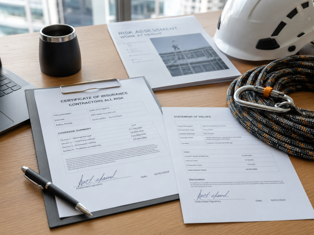 Documents d’assurance professionnelle avec casque de sécurité et corde sur un bureau