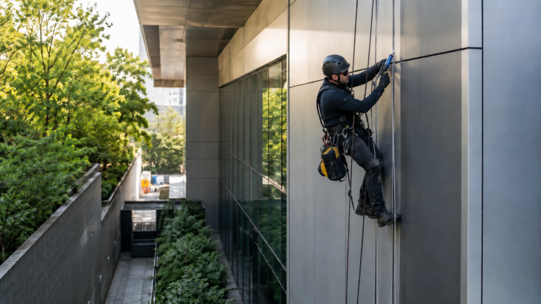 Cordiste en descente sur un immeuble résidentiel pour intervention sur façade