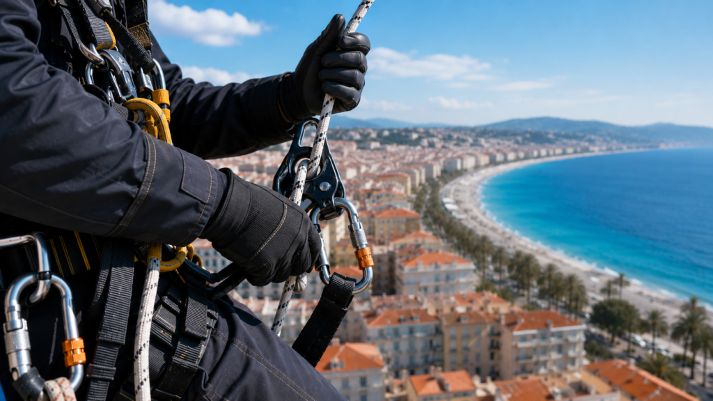 Cordiste à Nice réalisant des travaux en hauteur sur une façade